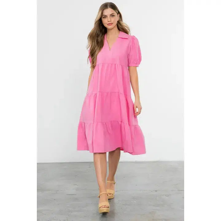 Collared Tiered Midi Dress-clothing,Collared,dress,dresses,Midi Dress,Pink,Short Sleeve,Tiered,V-Neck,Women,women's-XS-[option4]-[option5]-[option6]-Bella Bliss Boutique in Texas