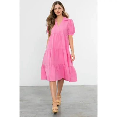 Collared Tiered Midi Dress-clothing,Collared,dress,dresses,Midi Dress,Pink,Short Sleeve,Tiered,V-Neck,Women,women's-XS-[option4]-[option5]-[option6]-Bella Bliss Boutique in Texas