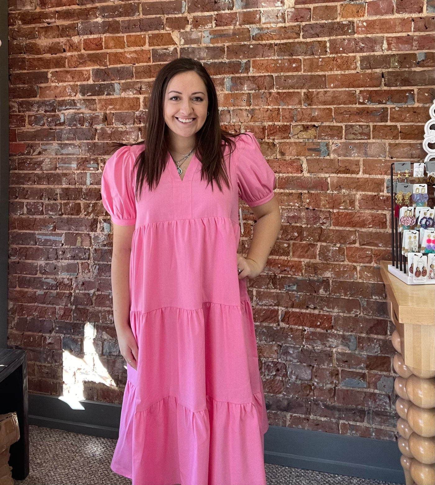 Collared Tiered Midi Dress-clothing,Collared,dress,dresses,Midi Dress,Pink,Short Sleeve,Tiered,V-Neck,Women,women's-[option4]-[option5]-[option6]-Bella Bliss Boutique in Texas