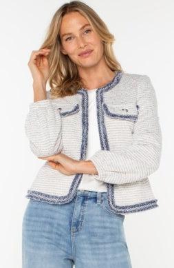 Collarless Boucle Jacket-Boucle, Boucle Jacket, clothing, Coats & Jackets, Collarless, Cream/Navy, Fray Detail, jacket, Jackets, Outerwear, Women, women's-XS-[option4]-[option5]-[option6]-Bella Bliss Boutique in Texas