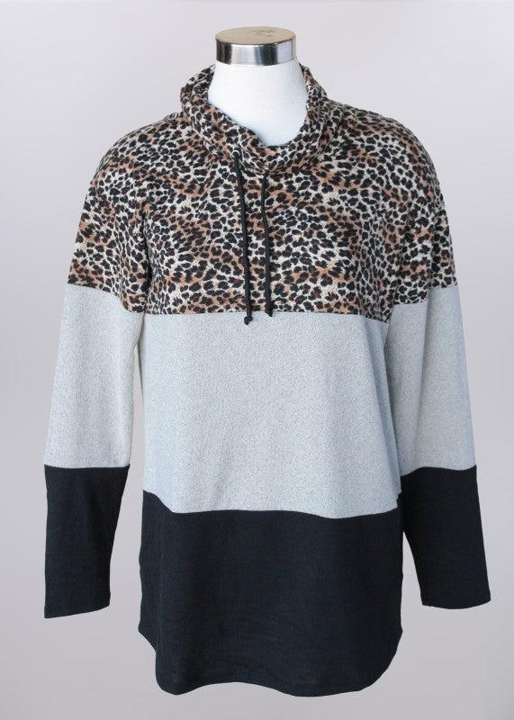 Color Block Tie Neck Top-Animal Print, Black, Black & White, clothing, Color Block, leopard, Leopard Print, Long Sleeve, Sale, Tie Neck, Top, Tops, White, Women, women's-[option4]-[option5]-[option6]-Bella Bliss Boutique in Texas