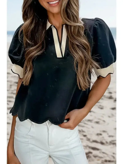 Color Contrast Puff Sleeve Top-Black,clothing,Collared,Color Contrast,Cream,Puff Sleeve,Scallop,Scallop Edge,Scallop Hem,Scallop Trim,Scalloped,Scalloped Detail,Scalloped Edge,Top,Tops,V-Neck,Women,women's-S-[option4]-[option5]-[option6]-Bella Bliss Boutique in Texas