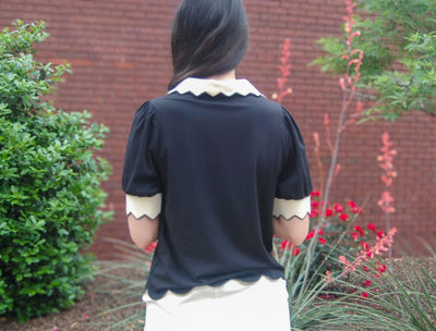 Color Contrast Puff Sleeve Top-Black,clothing,Collared,Color Contrast,Cream,Puff Sleeve,Scallop,Scallop Edge,Scallop Hem,Scallop Trim,Scalloped,Scalloped Detail,Scalloped Edge,Top,Tops,V-Neck,Women,women's-[option4]-[option5]-[option6]-Bella Bliss Boutique in Texas