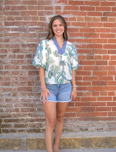 Contrast Collar Paisley Top-Blue,clothing,Contrast Collar,Paisley,Puff Sleeve,Top,Tops,Women,women's,Woven Top-XS-[option4]-[option5]-[option6]-Bella Bliss Boutique in Texas