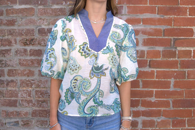 Contrast Collar Paisley Top-Blue,clothing,Contrast Collar,Paisley,Puff Sleeve,Top,Tops,Women,women's,Woven Top-[option4]-[option5]-[option6]-Bella Bliss Boutique in Texas
