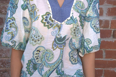 Contrast Collar Paisley Top-Blue,clothing,Contrast Collar,Paisley,Puff Sleeve,Top,Tops,Women,women's,Woven Top-[option4]-[option5]-[option6]-Bella Bliss Boutique in Texas