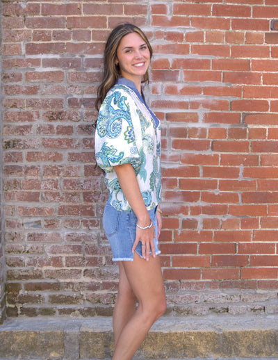 Contrast Collar Paisley Top-Blue,clothing,Contrast Collar,Paisley,Puff Sleeve,Top,Tops,Women,women's,Woven Top-[option4]-[option5]-[option6]-Bella Bliss Boutique in Texas