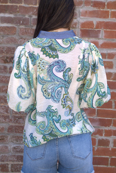 Contrast Collar Paisley Top-Blue,clothing,Contrast Collar,Paisley,Puff Sleeve,Top,Tops,Women,women's,Woven Top-[option4]-[option5]-[option6]-Bella Bliss Boutique in Texas