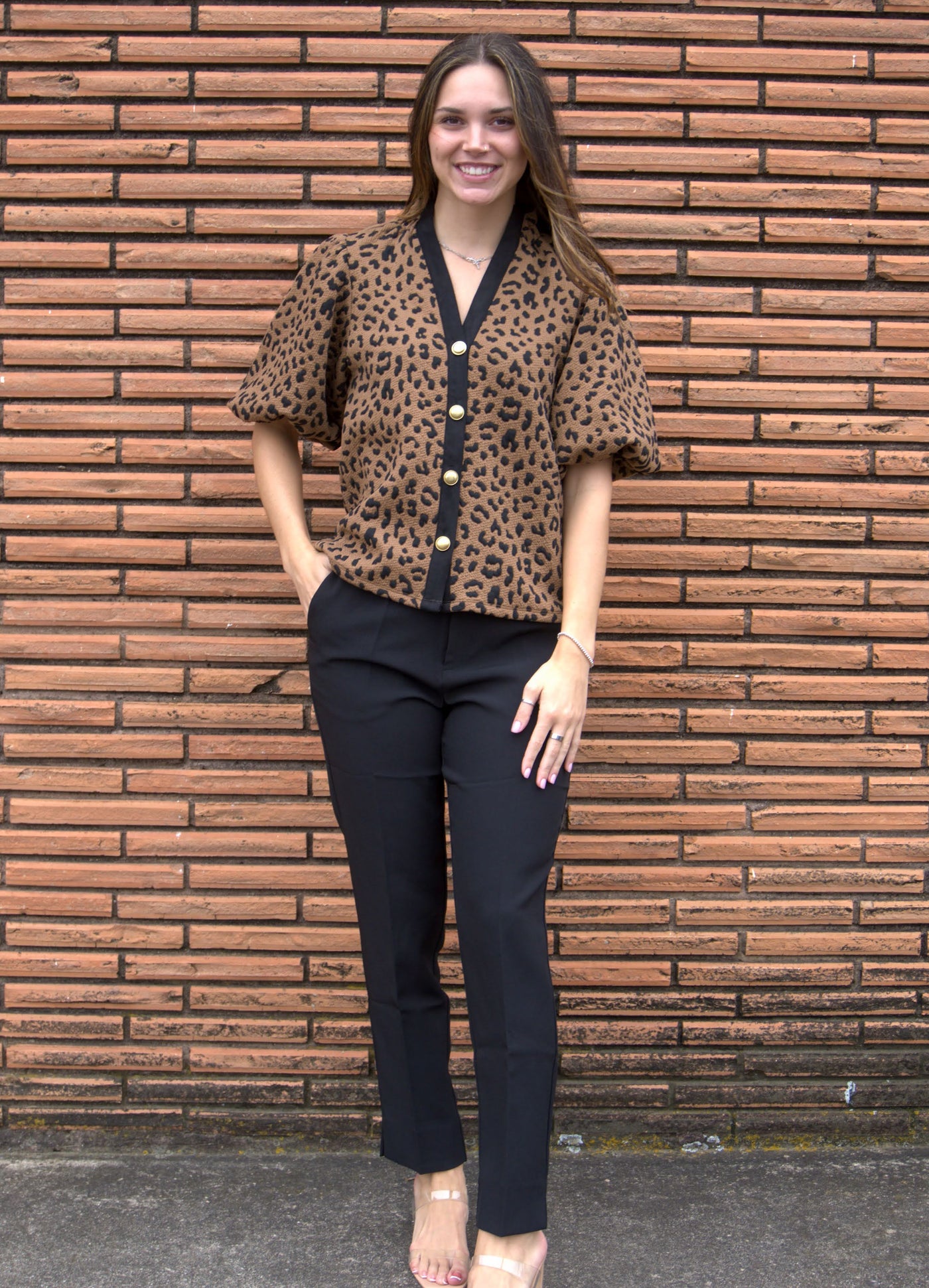 Contrast Trim Cheetah Print Top-Animal Print,Black Contrast Trim,Cheetah Print,clothing,Contrast Trim,Knit Top,Puff Sleeve,Top,Tops,Women,women's-XS-[option4]-[option5]-[option6]-Bella Bliss Boutique in Texas