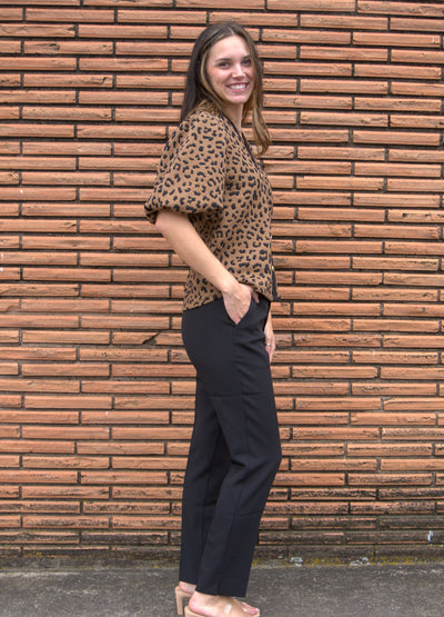 Contrast Trim Cheetah Print Top-Animal Print,Black Contrast Trim,Cheetah Print,clothing,Contrast Trim,Knit Top,Puff Sleeve,Top,Tops,Women,women's-[option4]-[option5]-[option6]-Bella Bliss Boutique in Texas