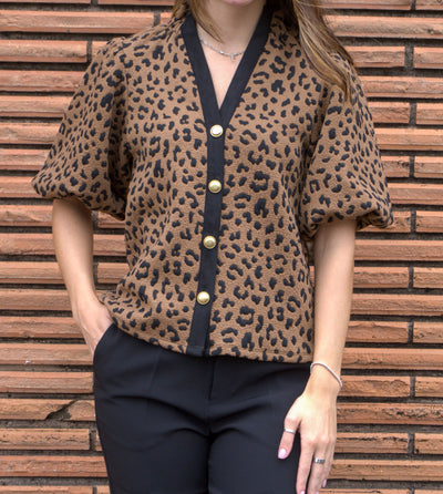 Contrast Trim Cheetah Print Top-Animal Print,Black Contrast Trim,Cheetah Print,clothing,Contrast Trim,Knit Top,Puff Sleeve,Top,Tops,Women,women's-[option4]-[option5]-[option6]-Bella Bliss Boutique in Texas