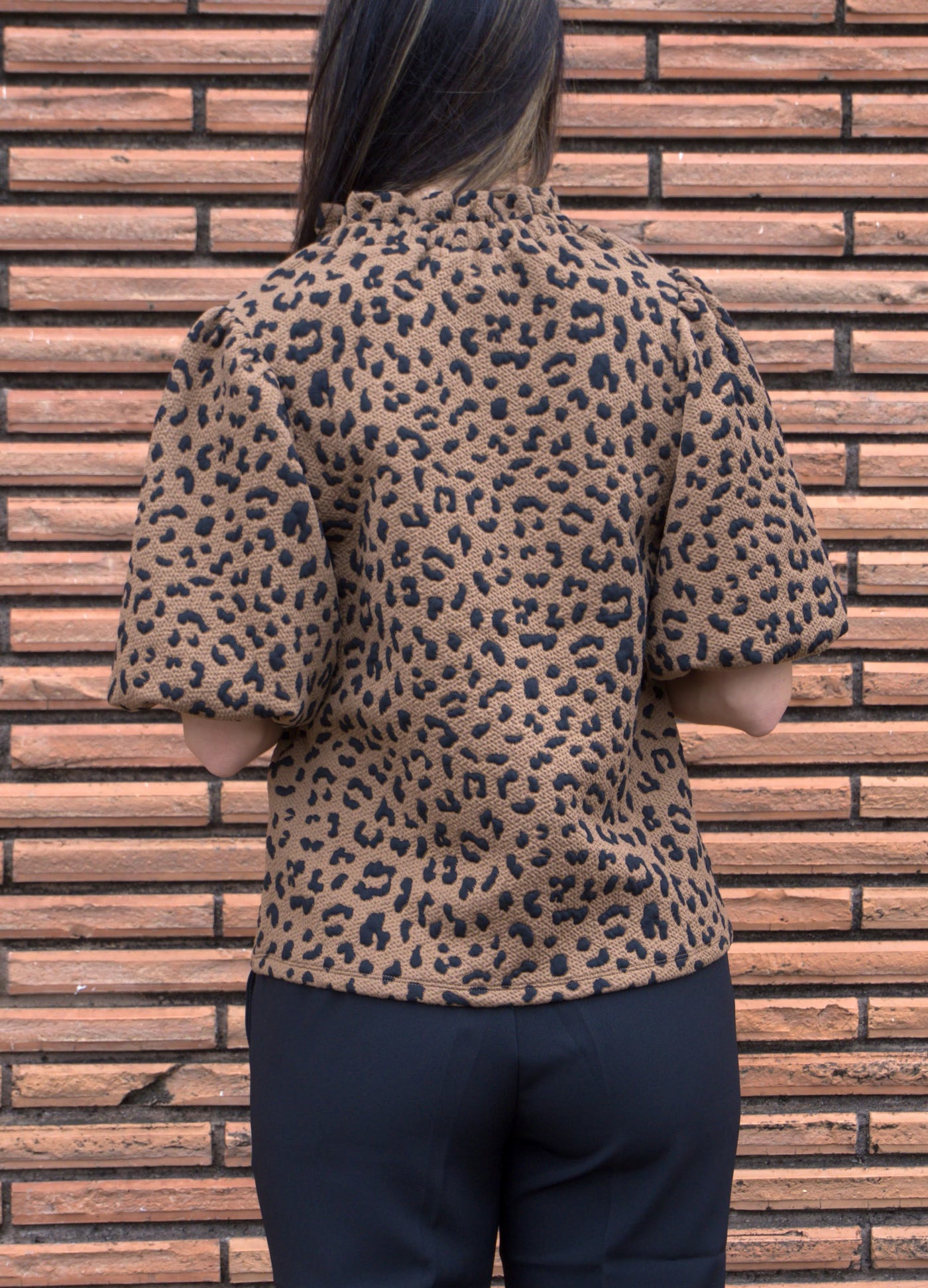 Contrast Trim Cheetah Print Top-Animal Print,Black Contrast Trim,Cheetah Print,clothing,Contrast Trim,Knit Top,Puff Sleeve,Top,Tops,Women,women's-[option4]-[option5]-[option6]-Bella Bliss Boutique in Texas