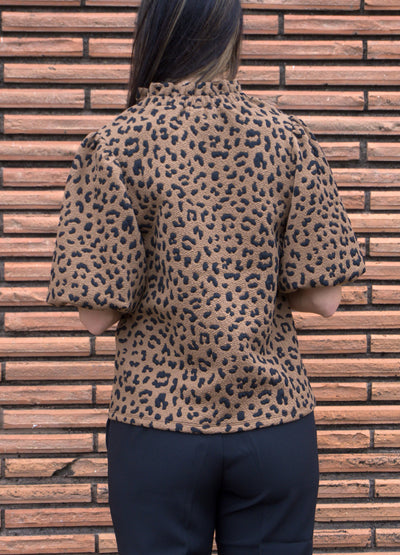 Contrast Trim Cheetah Print Top-Animal Print,Black Contrast Trim,Cheetah Print,clothing,Contrast Trim,Knit Top,Puff Sleeve,Top,Tops,Women,women's-[option4]-[option5]-[option6]-Bella Bliss Boutique in Texas
