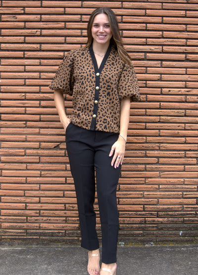 Contrast Trim Cheetah Print Top-Animal Print,Black Contrast Trim,Cheetah Print,clothing,Contrast Trim,Knit Top,Puff Sleeve,Top,Tops,Women,women's-[option4]-[option5]-[option6]-Bella Bliss Boutique in Texas