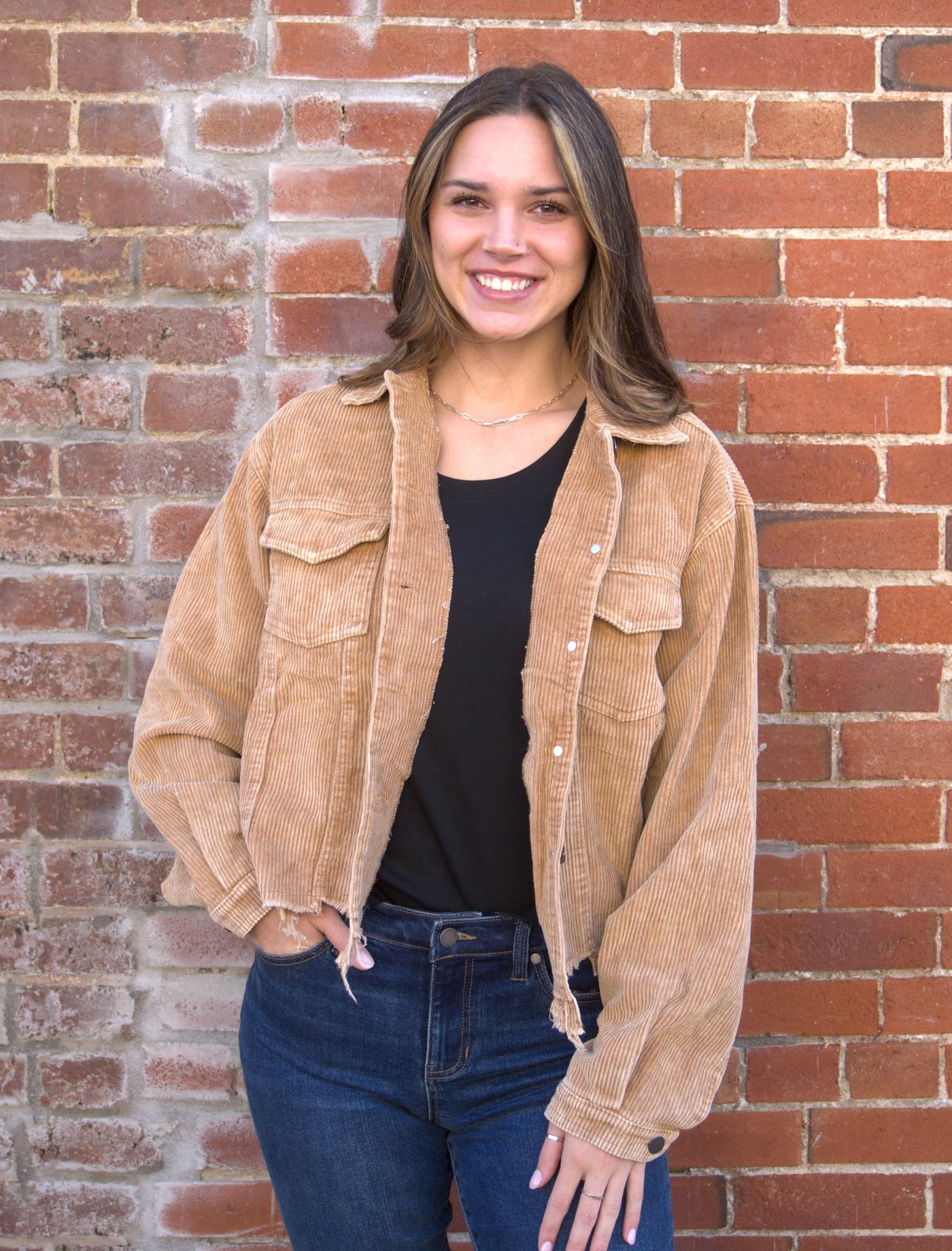 Corduroy Trucker Jacket-Adjustable Cuffs,Button Front,Collared,Corduroy,Cropped,Flap Pocket,Fray Hem Detail,Outerwear,Pol Clothing,Trucker Jacket,Women,women's-[option4]-[option5]-[option6]-Bella Bliss Boutique in Texas