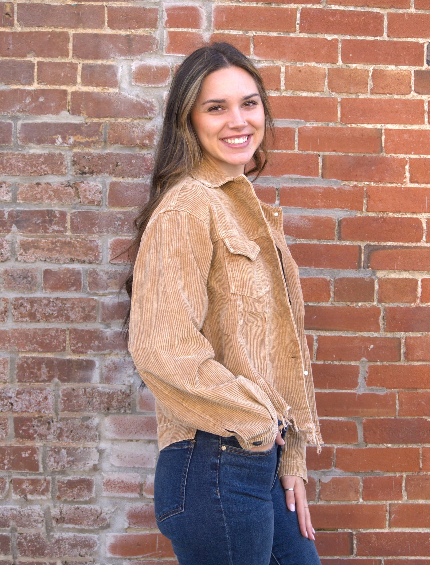 Corduroy Trucker Jacket-Adjustable Cuffs,Button Front,Collared,Corduroy,Cropped,Flap Pocket,Fray Hem Detail,Outerwear,Pol Clothing,Trucker Jacket,Women,women's-[option4]-[option5]-[option6]-Bella Bliss Boutique in Texas