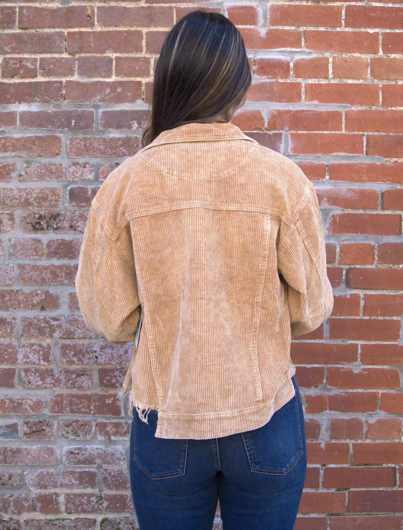 Corduroy Trucker Jacket-Adjustable Cuffs,Button Front,Collared,Corduroy,Cropped,Flap Pocket,Fray Hem Detail,Outerwear,Pol Clothing,Trucker Jacket,Women,women's-[option4]-[option5]-[option6]-Bella Bliss Boutique in Texas