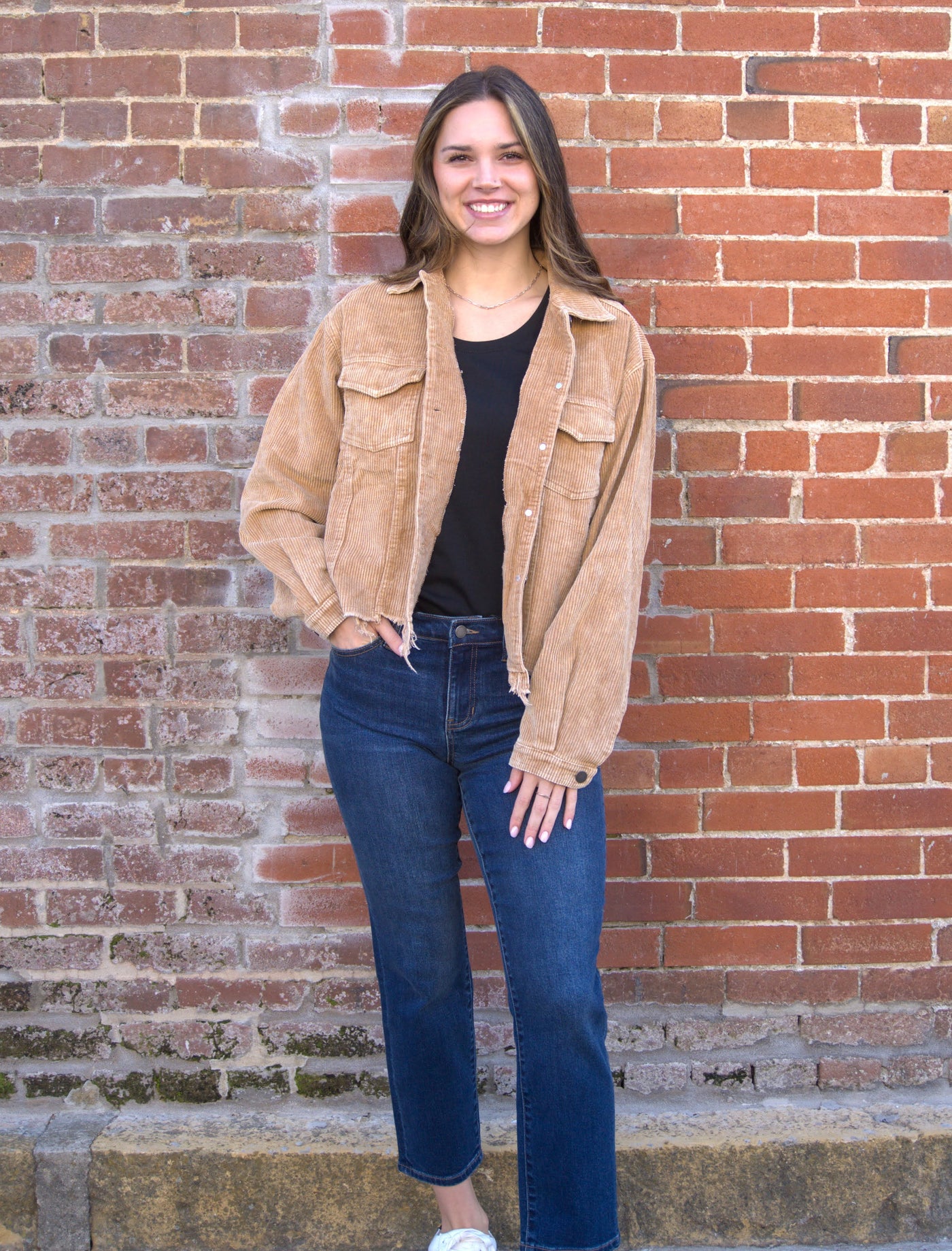 Corduroy Trucker Jacket-Adjustable Cuffs,Button Front,Collared,Corduroy,Cropped,Flap Pocket,Fray Hem Detail,Outerwear,Pol Clothing,Trucker Jacket,Women,women's-[option4]-[option5]-[option6]-Bella Bliss Boutique in Texas
