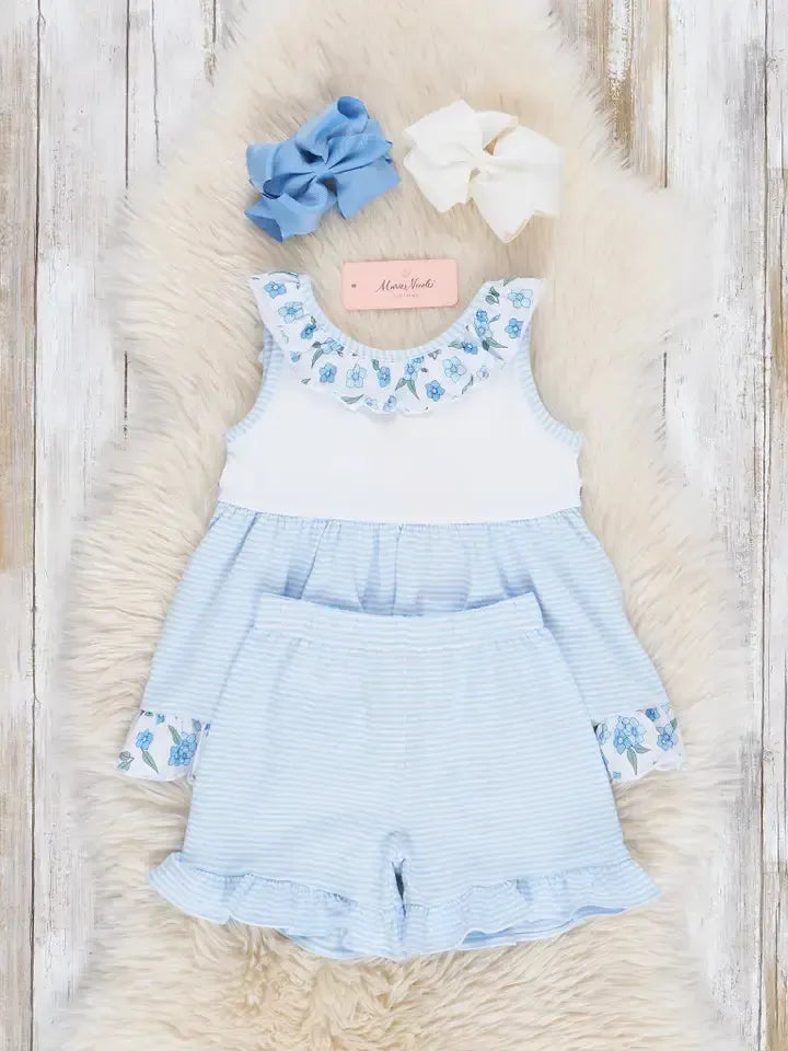 Cornflower Cottage Ruffle Outfit-2 piece,Blue,Bottoms,Children & Tweens,children's,clothing,Cornflower,Cornflower Blue,Floral Print,Infant to 6,Outfit,Ruffle Detail,Sale,set,Short Set,shorts,shorts set,Swing Top,Top,Tops-[option4]-[option5]-[option6]-Bella Bliss Boutique in Texas