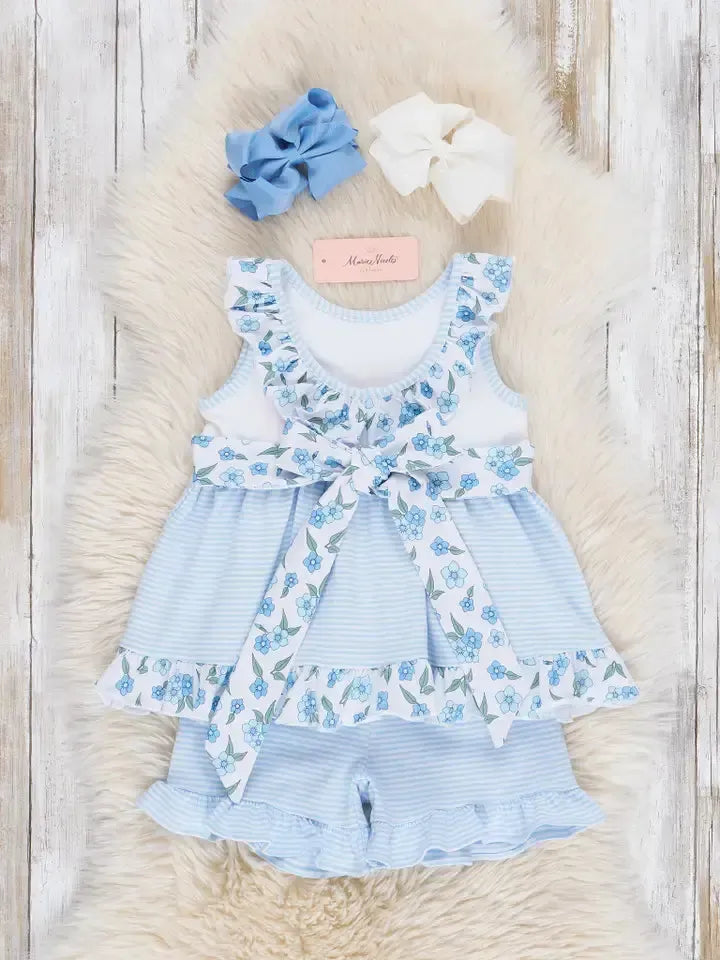 Cornflower Cottage Ruffle Outfit-2 piece,Blue,Bottoms,Children & Tweens,children's,clothing,Cornflower,Cornflower Blue,Floral Print,Infant to 6,Outfit,Ruffle Detail,Sale,set,Short Set,shorts,shorts set,Swing Top,Top,Tops-[option4]-[option5]-[option6]-Bella Bliss Boutique in Texas