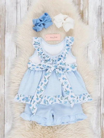Cornflower Cottage Ruffle Outfit-2 piece,Blue,Bottoms,Children & Tweens,children's,clothing,Cornflower,Cornflower Blue,Floral Print,Infant to 6,Outfit,Ruffle Detail,Sale,set,Short Set,shorts,shorts set,Swing Top,Top,Tops-[option4]-[option5]-[option6]-Bella Bliss Boutique in Texas