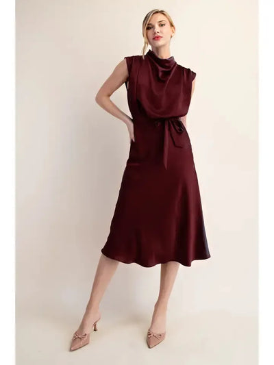 Cowl Neck Midi Dress-Burgundy,clothing,Cowl Neck,dress,dresses,Midi Dress,Tie Waist,Tie Waist Detail,Women,women's-S-[option4]-[option5]-[option6]-Bella Bliss Boutique in Texas