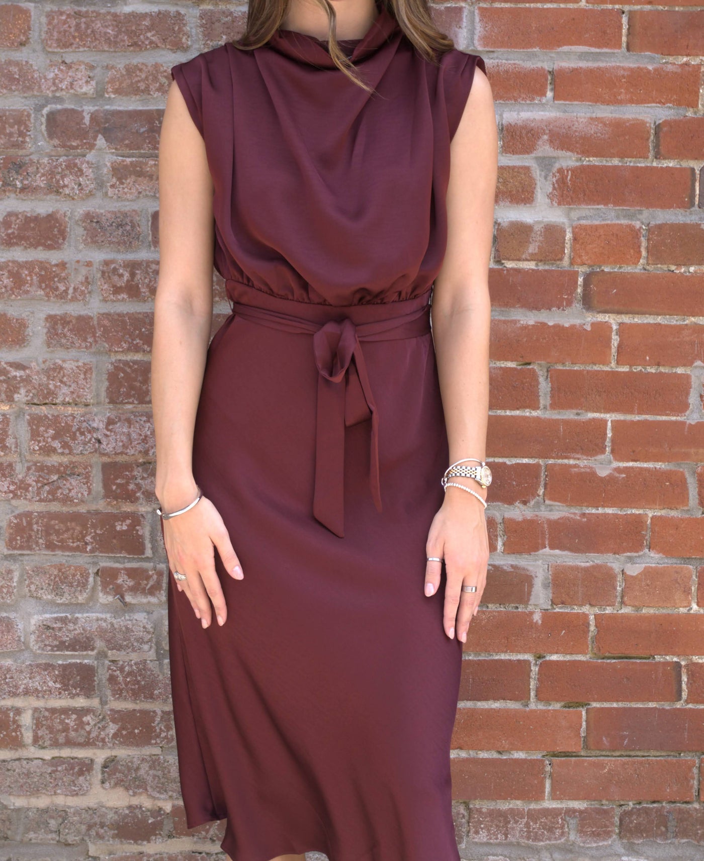 Cowl Neck Midi Dress-Burgundy,clothing,Cowl Neck,dress,dresses,Midi Dress,Tie Waist,Tie Waist Detail,Women,women's-[option4]-[option5]-[option6]-Bella Bliss Boutique in Texas