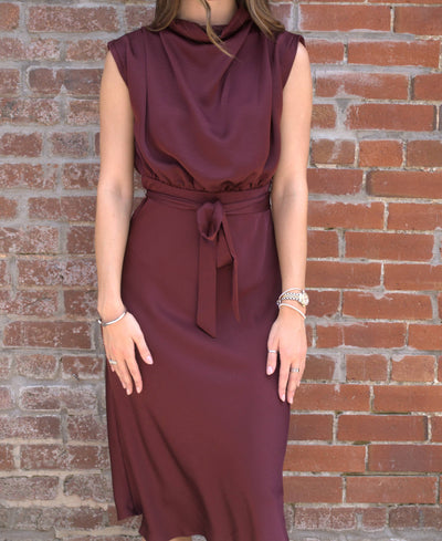 Cowl Neck Midi Dress-Burgundy,clothing,Cowl Neck,dress,dresses,Midi Dress,Tie Waist,Tie Waist Detail,Women,women's-[option4]-[option5]-[option6]-Bella Bliss Boutique in Texas