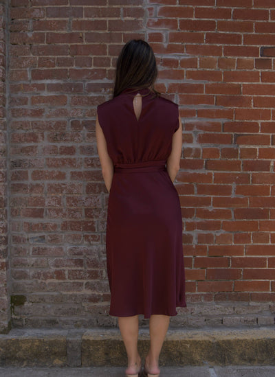 Cowl Neck Midi Dress-Burgundy,clothing,Cowl Neck,dress,dresses,Midi Dress,Tie Waist,Tie Waist Detail,Women,women's-[option4]-[option5]-[option6]-Bella Bliss Boutique in Texas
