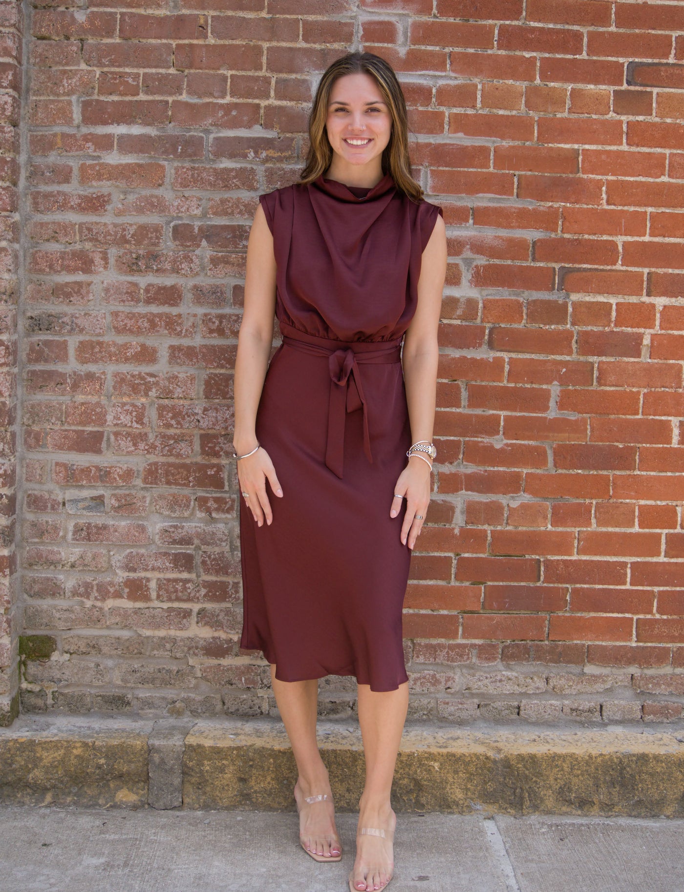 Cowl Neck Midi Dress-Burgundy,clothing,Cowl Neck,dress,dresses,Midi Dress,Tie Waist,Tie Waist Detail,Women,women's-[option4]-[option5]-[option6]-Bella Bliss Boutique in Texas