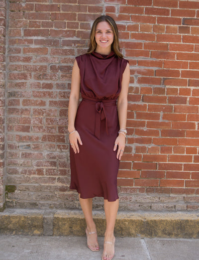 Cowl Neck Midi Dress-Burgundy,clothing,Cowl Neck,dress,dresses,Midi Dress,Tie Waist,Tie Waist Detail,Women,women's-[option4]-[option5]-[option6]-Bella Bliss Boutique in Texas