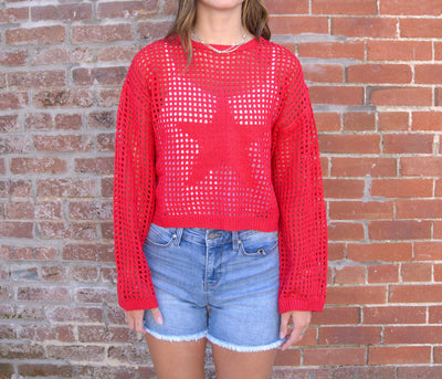 Crew Neck Crochet Sweater-clothing,Crew Neck,Crochet,Crochet Sweater,Crochet Top,Lightweight Sweater,Red,Sweater,Sweaters,Top,Tops,Women,women's-[option4]-[option5]-[option6]-Bella Bliss Boutique in Texas