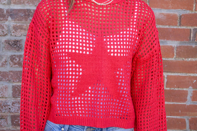 Crew Neck Crochet Sweater-clothing,Crew Neck,Crochet,Crochet Sweater,Crochet Top,Lightweight Sweater,Red,Sweater,Sweaters,Top,Tops,Women,women's-[option4]-[option5]-[option6]-Bella Bliss Boutique in Texas