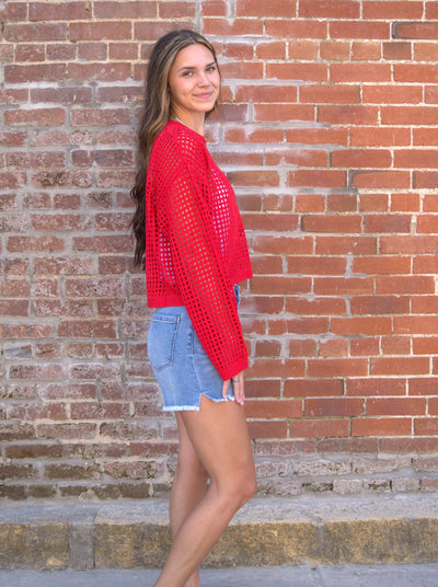 Crew Neck Crochet Sweater-clothing,Crew Neck,Crochet,Crochet Sweater,Crochet Top,Lightweight Sweater,Red,Sweater,Sweaters,Top,Tops,Women,women's-[option4]-[option5]-[option6]-Bella Bliss Boutique in Texas