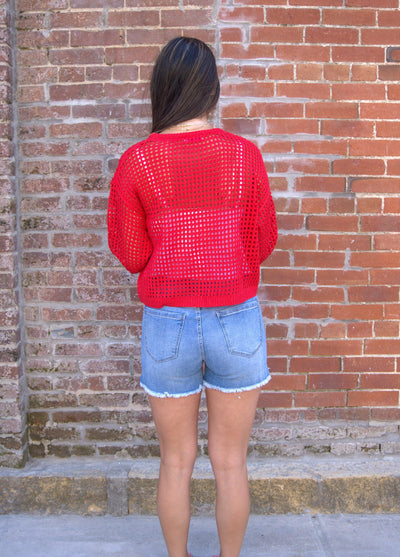 Crew Neck Crochet Sweater-clothing,Crew Neck,Crochet,Crochet Sweater,Crochet Top,Lightweight Sweater,Red,Sweater,Sweaters,Top,Tops,Women,women's-[option4]-[option5]-[option6]-Bella Bliss Boutique in Texas
