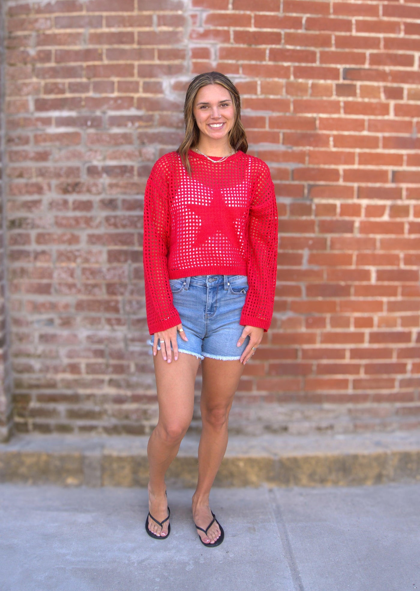 Crew Neck Crochet Sweater-clothing,Crew Neck,Crochet,Crochet Sweater,Crochet Top,Lightweight Sweater,Red,Sweater,Sweaters,Top,Tops,Women,women's-[option4]-[option5]-[option6]-Bella Bliss Boutique in Texas