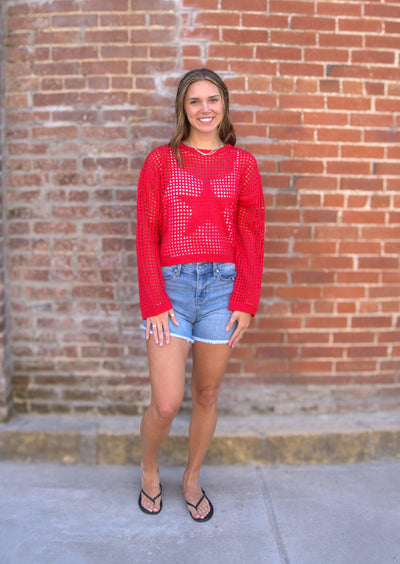 Crew Neck Crochet Sweater-clothing,Crew Neck,Crochet,Crochet Sweater,Crochet Top,Lightweight Sweater,Red,Sweater,Sweaters,Top,Tops,Women,women's-[option4]-[option5]-[option6]-Bella Bliss Boutique in Texas