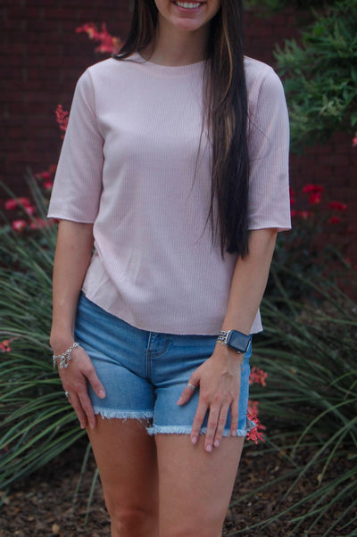 Crew Neck Ribbed Top-clothing,Crew Neck,Elbow Sleeves,Pink,Ribbed,Sale,Top,Tops,Women,women's-[option4]-[option5]-[option6]-Bella Bliss Boutique in Texas