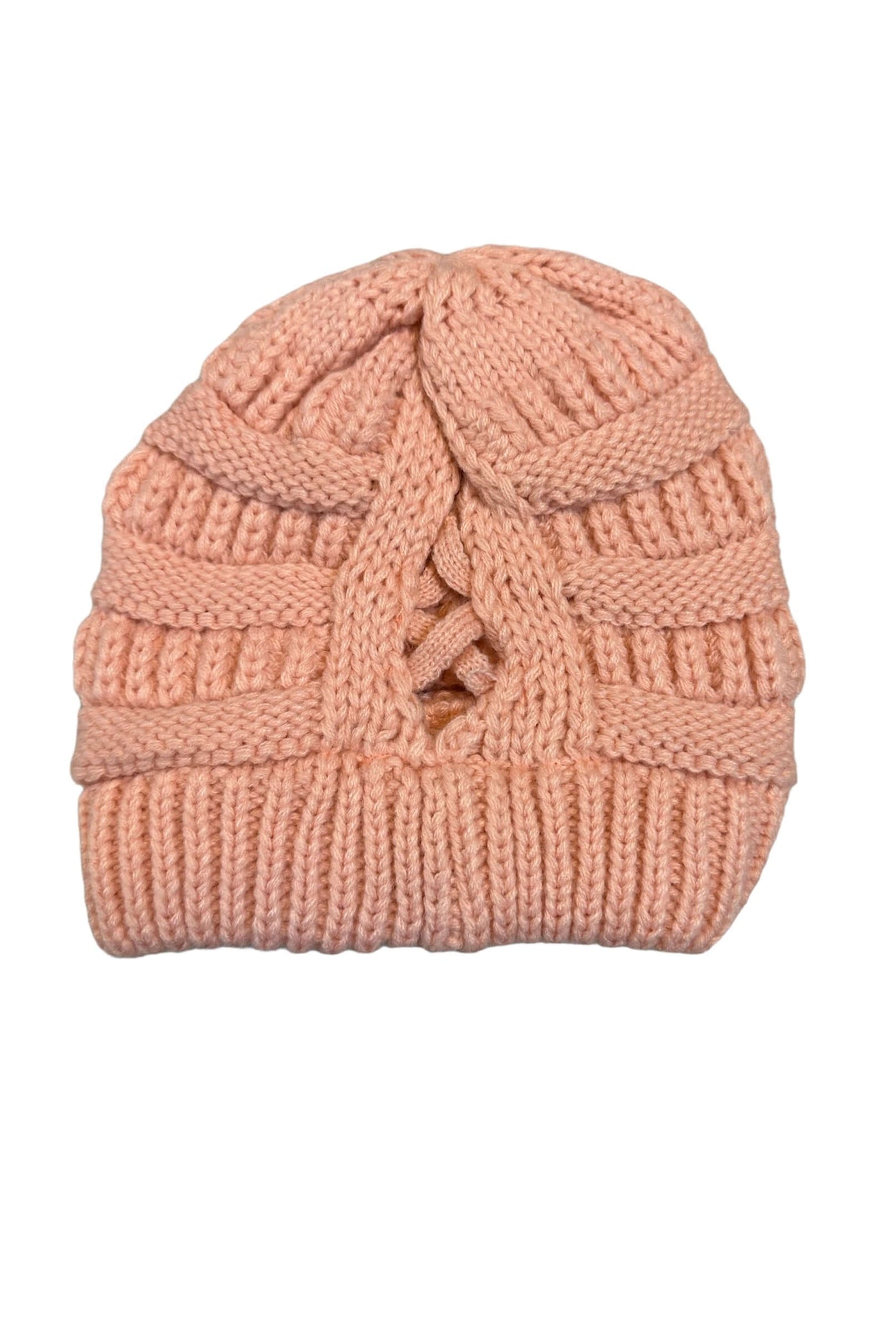 Criss Cross Knitted Ponytail Beanie-Accessories,Beanie,Black,Criss Cross,Pink,Ponytail Beanie,Taupe,Winter White,Women,women's-[option4]-[option5]-[option6]-Bella Bliss Boutique in Texas