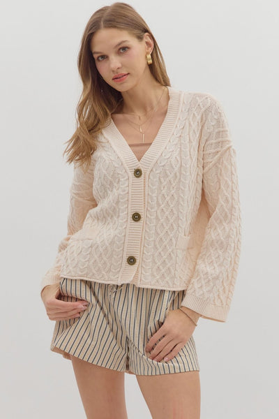Cropped Cable Knit Cardigan-Button Front,Cardigan Sweater,clothing,Cropped,Entro,Knit Sweater,Outerwear,Tops,V-Neck,Women,women's-S-[option4]-[option5]-[option6]-Bella Bliss Boutique in Texas