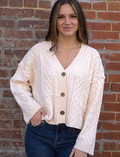 Cropped Cable Knit Cardigan-Button Front,Cardigan Sweater,clothing,Cropped,Entro,Knit Sweater,Outerwear,Tops,V-Neck,Women,women's-[option4]-[option5]-[option6]-Bella Bliss Boutique in Texas