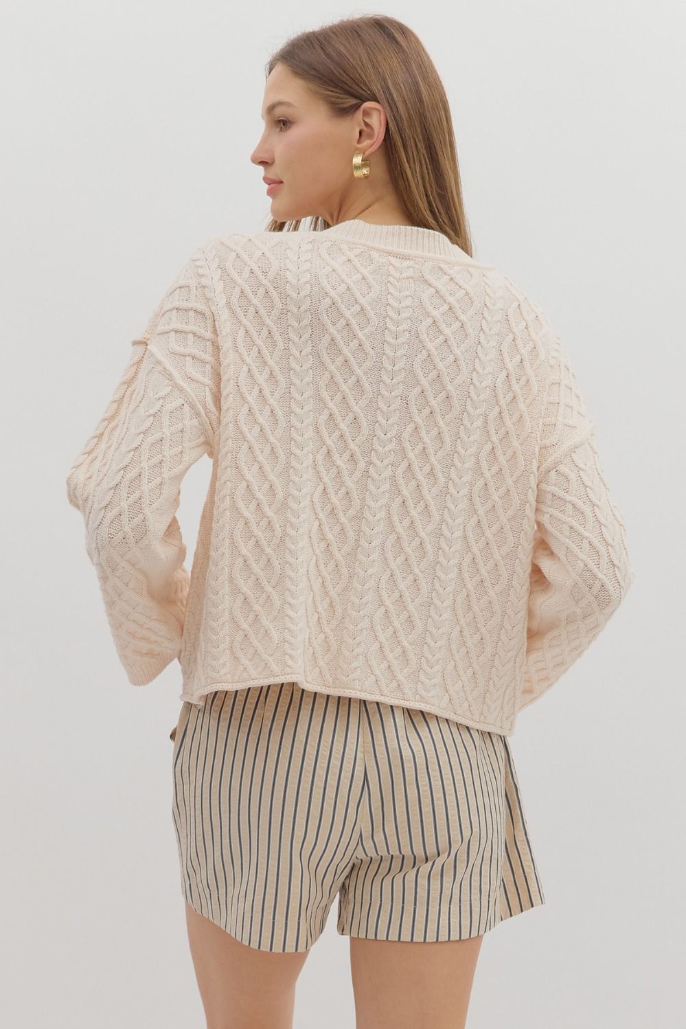 Cropped Cable Knit Cardigan-Button Front,Cardigan Sweater,clothing,Cropped,Entro,Knit Sweater,Outerwear,Tops,V-Neck,Women,women's-[option4]-[option5]-[option6]-Bella Bliss Boutique in Texas