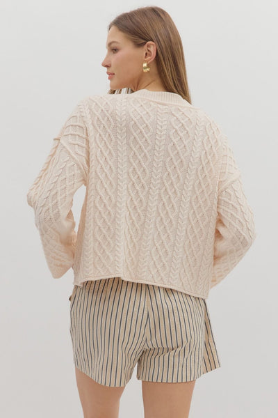 Cropped Cable Knit Cardigan-Button Front,Cardigan Sweater,clothing,Cropped,Entro,Knit Sweater,Outerwear,Tops,V-Neck,Women,women's-[option4]-[option5]-[option6]-Bella Bliss Boutique in Texas