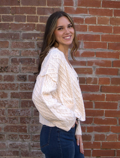 Cropped Cable Knit Cardigan-Button Front,Cardigan Sweater,clothing,Cropped,Entro,Knit Sweater,Outerwear,Tops,V-Neck,Women,women's-[option4]-[option5]-[option6]-Bella Bliss Boutique in Texas