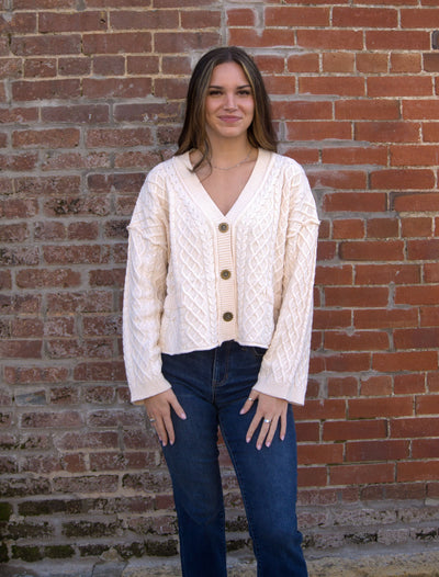 Cropped Cable Knit Cardigan-Button Front,Cardigan Sweater,clothing,Cropped,Entro,Knit Sweater,Outerwear,Tops,V-Neck,Women,women's-[option4]-[option5]-[option6]-Bella Bliss Boutique in Texas