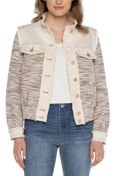 Cropped Denim Boucle Jacket-Boucle,Boucle Jacket,clothing,Coats & Jackets,Cropped,Denim Jacket,Ecru,Ecru Multi,Ecru Multi Boucle,Frayed Edge,jacket,smocked waist,women,women's-[option4]-[option5]-[option6]-Bella Bliss Boutique in Texas