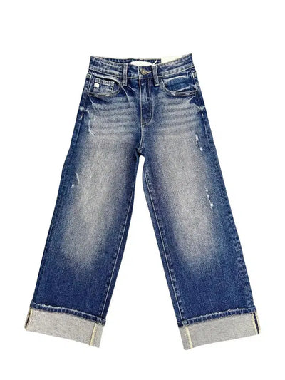 Cropped Wide Leg Jeans-Bottoms, Children & Tweens, children's, clothing, Cropped, Cuffed, Cuffed Hem, Cuffed Jeans, Dark Wash, denim, Infant to 6, Jeans, Tweens 7-14-5-[option4]-[option5]-[option6]-Bella Bliss Boutique in Texas