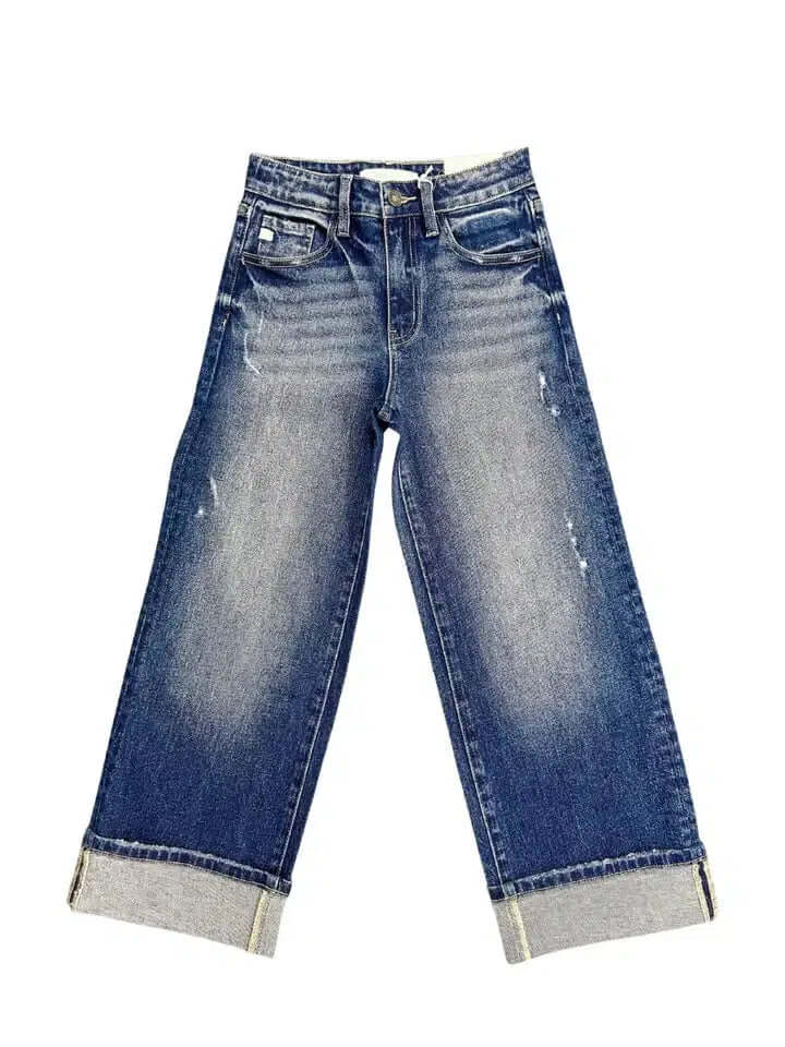 Cropped Wide Leg Jeans-Bottoms,Children & Tweens,children's,clothing,Cropped,Cuffed,Cuffed Hem,Cuffed Jeans,Dark Wash,denim,Infant to 6,Jeans,Tweens 7-14-[option4]-[option5]-[option6]-Bella Bliss Boutique in Texas