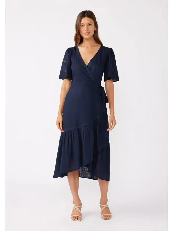Cutout Embroidered Wrap Midi Dress-clothing,Cutout Embroidered,dress,dresses,Embroidered Detail,Midi Dress,navy,navy blue,Short Sleeve,Women,women's,Wrap Dress-[option4]-[option5]-[option6]-Bella Bliss Boutique in Texas