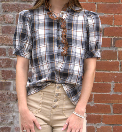 Women’s plaid puff sleeve top with button-front closure and contrast ruffle trim